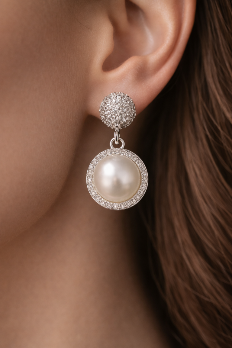 elegant pearl halo drop earrings – silver plated crystal pearl dangle earrings for women