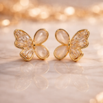 elegant gold plated butterfly korean stud earrings – stainless steel crystal & pearl design