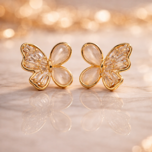 elegant gold plated butterfly korean stud earrings – stainless steel crystal & pearl design