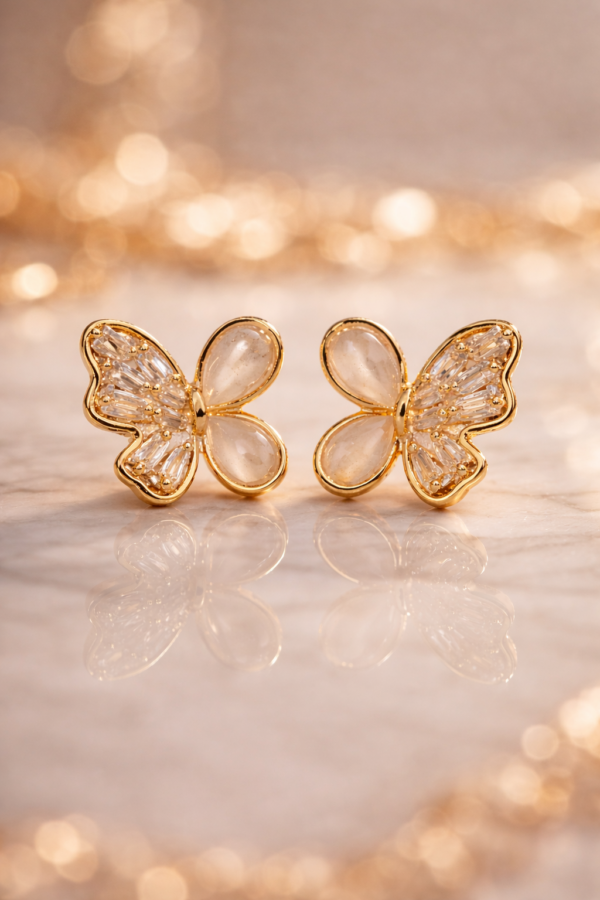 elegant gold plated butterfly korean stud earrings – stainless steel crystal & pearl design