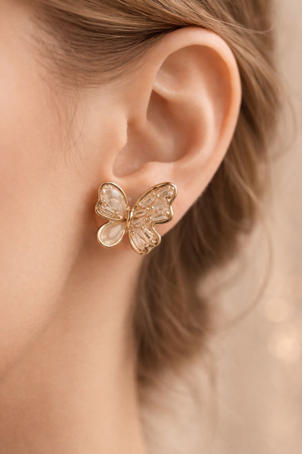 elegant gold plated butterfly korean stud earrings – stainless steel crystal & pearl design