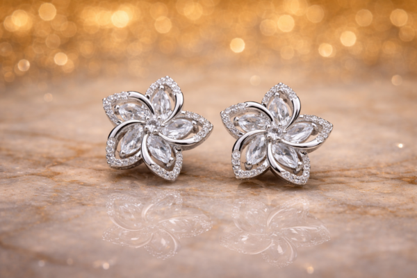 elegant floral crystal silver plated stud earrings – stainless steel flower design