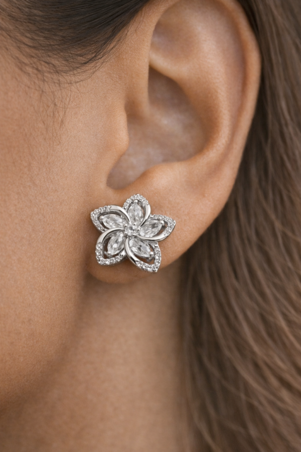 elegant floral crystal silver plated stud earrings – stainless steel flower design