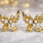 stainless steel gold plated wing pearl earrings
